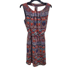 Enfocus Studio Women's‎ Orange Blue Ikat Cage T-Back Sleeveless Blouson Dress 10